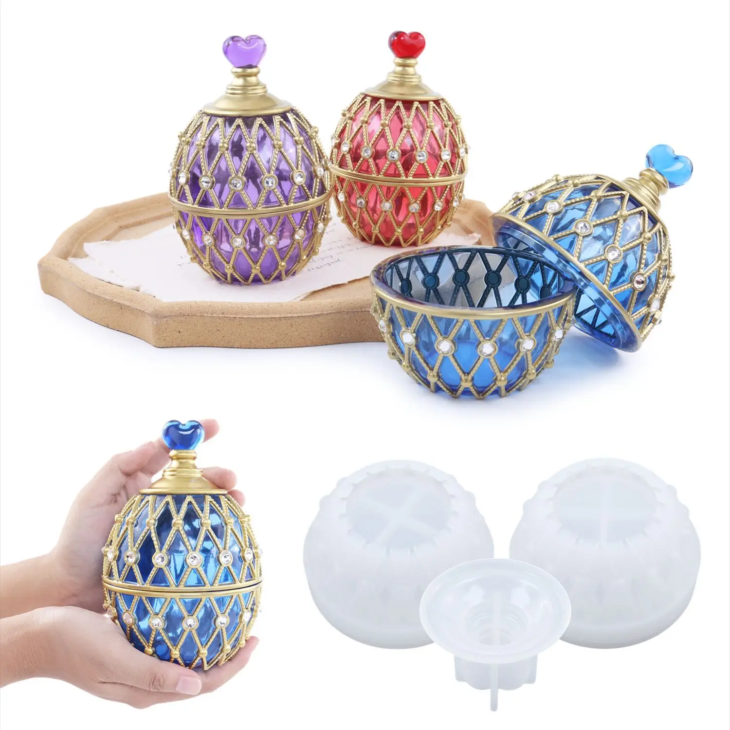 Two Styles Set DIY Crystal Epoxy Resin Mold Egg-shaped Storage Box Paste Diamond Love Jewelry Box Storage Box Silicone Mould