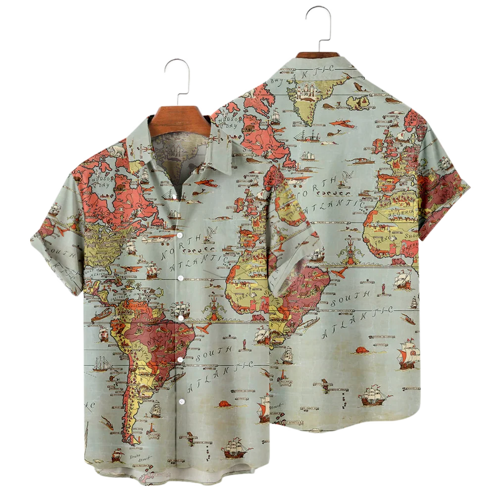 Summer Men\'s Shirts World Map Digital Printing Oversized Buttons Short Sleeves Loose Casual Slim Fit Shirts Fashion European Siz