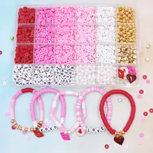 Valentine Day Clay Beads Kit Flat Round Disc Heishi Polymer Clay Beads with Letter Beads & Charms for Friendship Bracelet Making