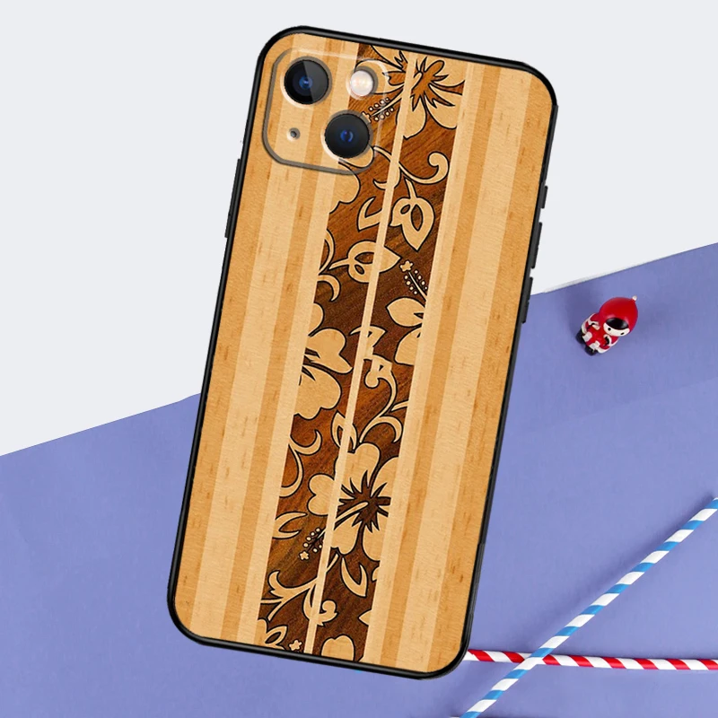 Hawaiian Faux Wood Surfboard Phone Case For iPhone 16 15 Pro Max 12 13 Mini 11 14 Pro Max XR 16 15 Plus 16e Cover Coque