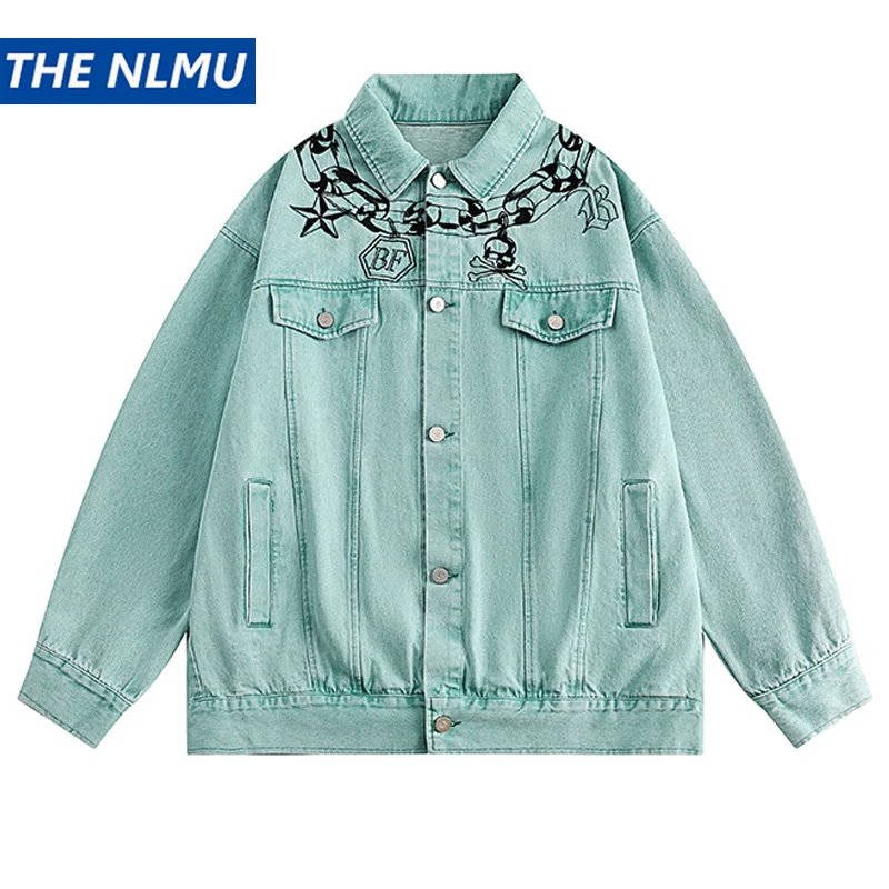 

Vintage Denim Jacket Men Hip Hop Streetwear Skull Graphic Jean Jacket Cotton 2023 Autumn Harajuku Varsity College Coat Cotton