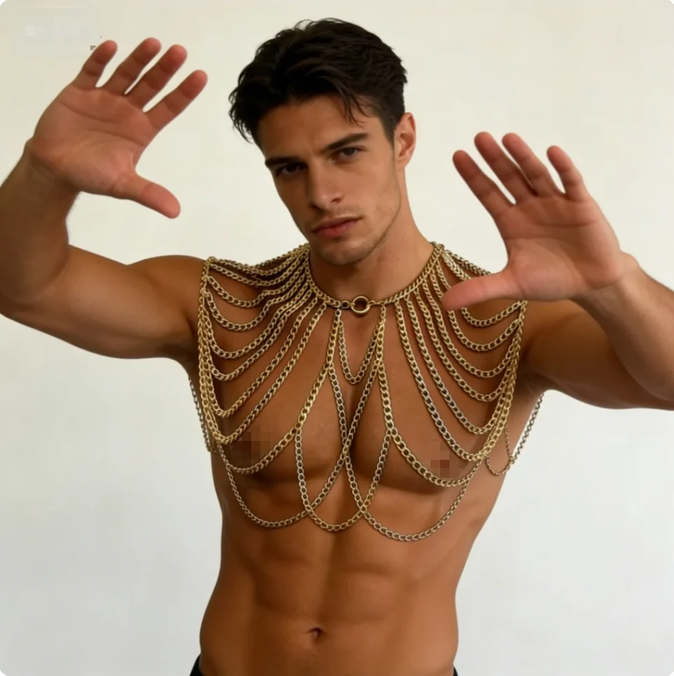 Men's Sexy Golden Chain Vest Layered Metal Body Chain Top for Men Punk Rock Shoulder Necklace for Stage Costume Clubwear