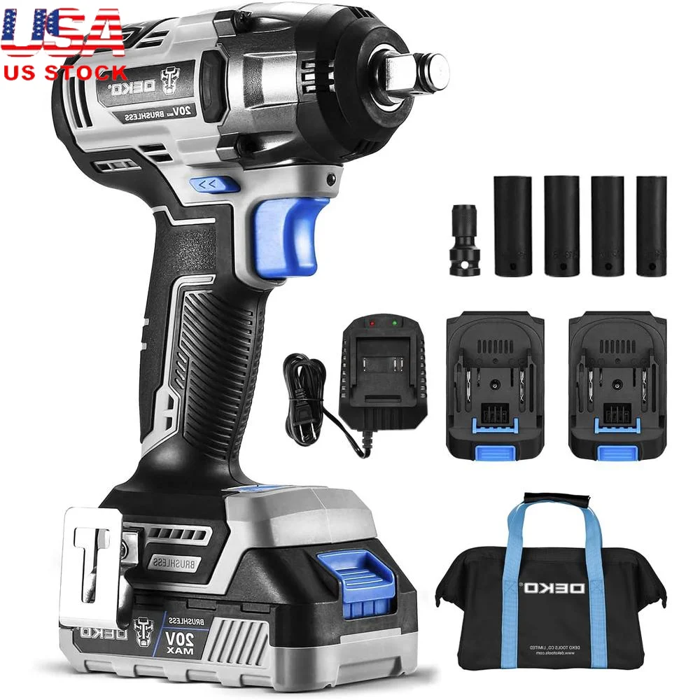 High-Torque Cordless Impact Wrench 20V Brushless Motor 3-Speed LED Light Battery Kit Socket Set