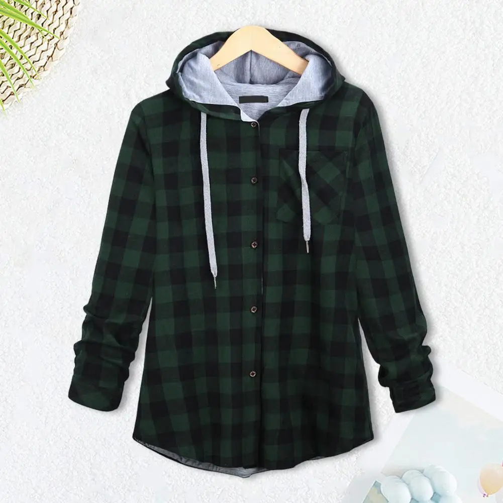 Plaid Printed Jacket Stylish Plaid Print Hooded Coat For Women Drawstring Cardigan With Chest Pocket Long Sleeve For Autumn