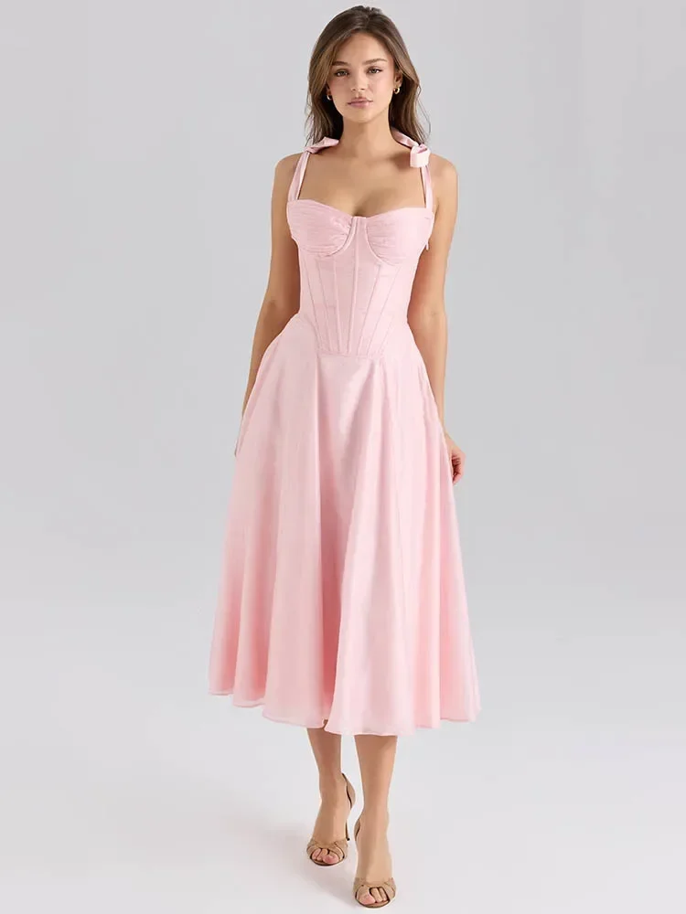 

Pink Chiffon Tie Strap Sexy Midi Dress Women Pink Spaghetti Strap Sleeveless Backless Lace-up A-line Club Party Dress