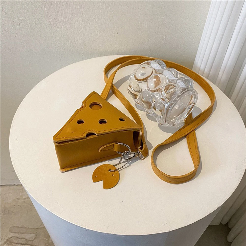 Bonito oco para fora queijo mini crossbody saco feminino estilo francês doce amarelo pu bolsa moda versátil feminino batom sacos