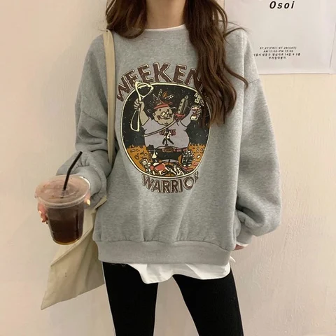 

MiiiiX Korean Style Fake Two-piece Sweatshirt Women‘s 2024 Autumn and Winter Loose Cartoon Print College Style Warm Top