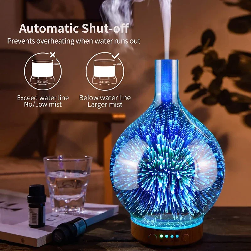 

3D Fireworks Glass USB Air Humidifier and 7-Color LED Night Light Aromatic Oil Diffuser Cold Mist Fireworks Aromatherapy Machine