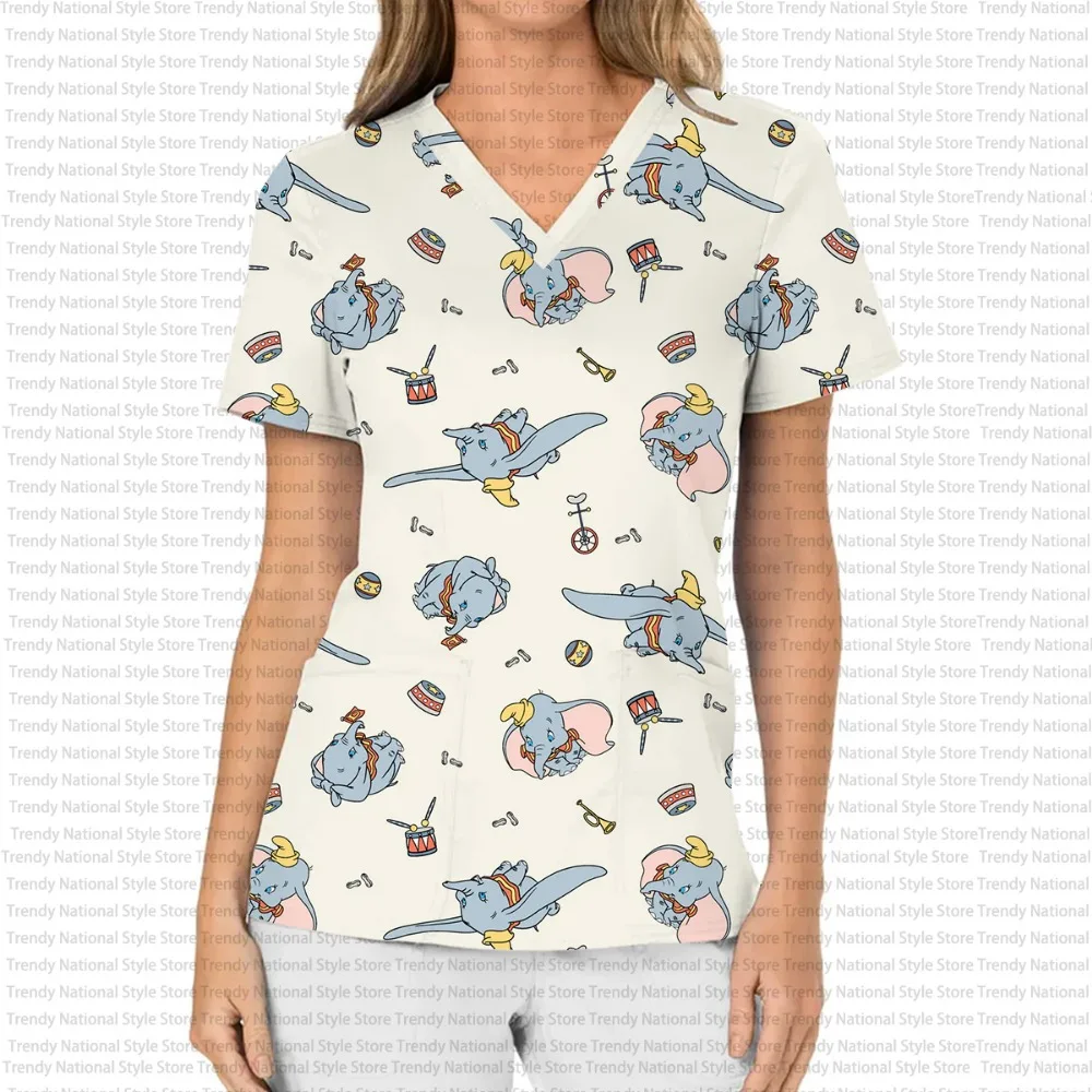 

Women's Workwear Disney Dumbo Cartoon Print Nursing Workwear Medical Workwear V-Neck Short Sleeve Pocket Scrub Top