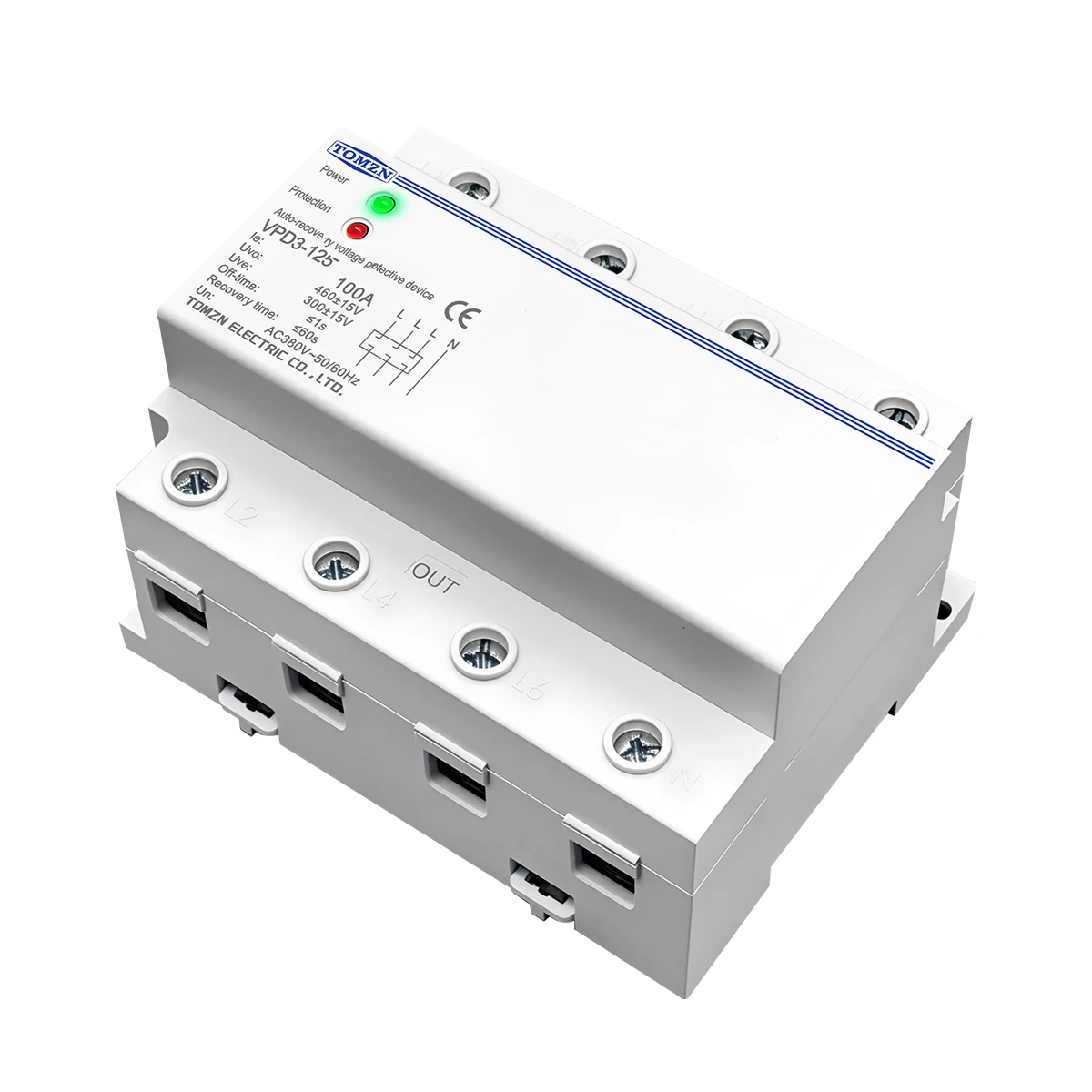 TOMZN 100A AC380V Three Phase Four Wire Din Rail Automatic Recovery Over Voltage And Under Voltage Protective Protection Relay