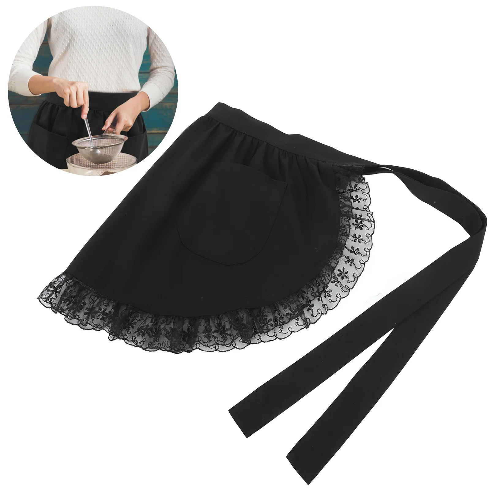 Lace Skirt Waist Ruffle Apron Retro Kitchen Accessories Waiter Half Server Aprons for Women with Pockets Maid Cosplay Aldult