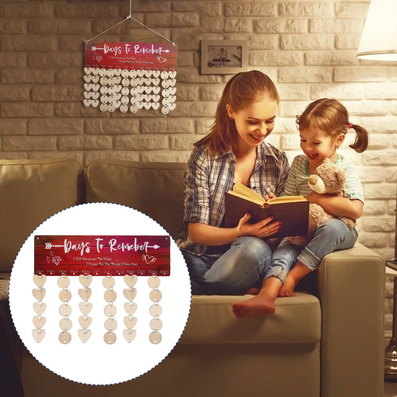 

1Set Wooden Birthday Calendar Hanging Plaque DIY Family Friends Reminder Reusable Heart Shaped Wooden Slices Wall Decoration