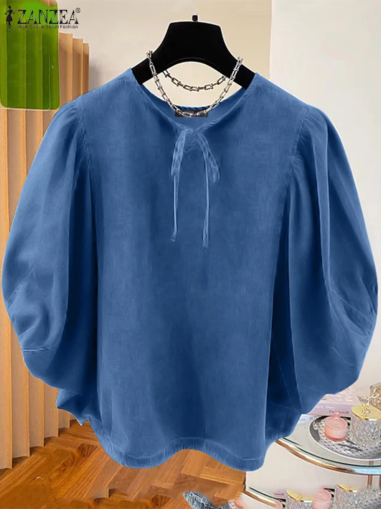 ZANZEA-Blusas informales holgadas con dobladillo y cordón para mujer, blusa de Color liso, Tops de manga 3/4 de murciélago a la moda, túnicas azules con cuello redondo 2024