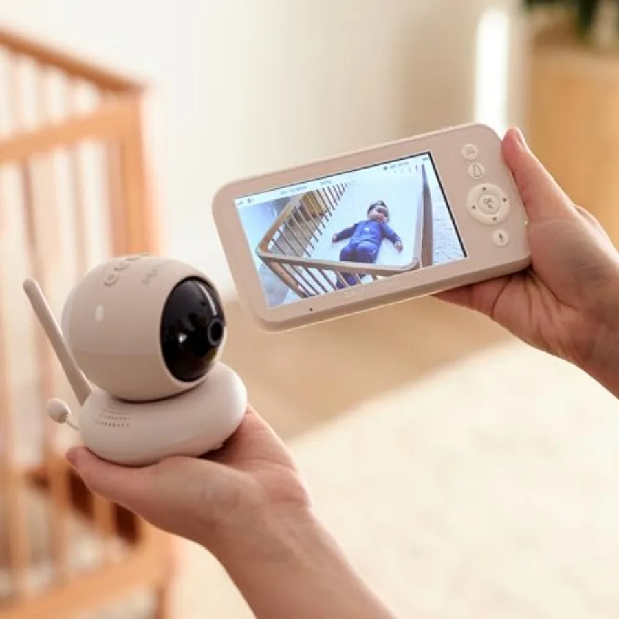 Baby monitor for home use, fabric sleepwear guide, soft gray, WiFi-free smart sleep tracking with HD night vision camera and mu