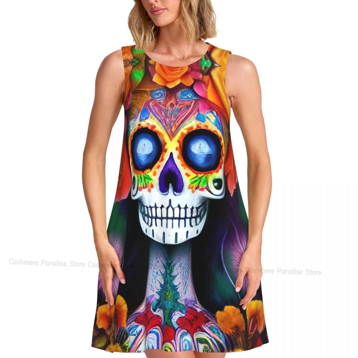 Robes d'été pour femmes, t-shirt de plage, sans manches, jour des morts, crâne de sucre Rose, robe débardeur ample décontractée, 2025