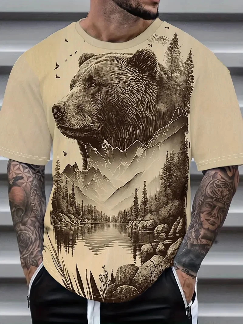 

Мужская футболка больших размеров с короткими рукавами и 3D принтом коричневого медведя, свободная и повседневная, мягкая, удобная и дышащая, для спорта на открытом воздухе