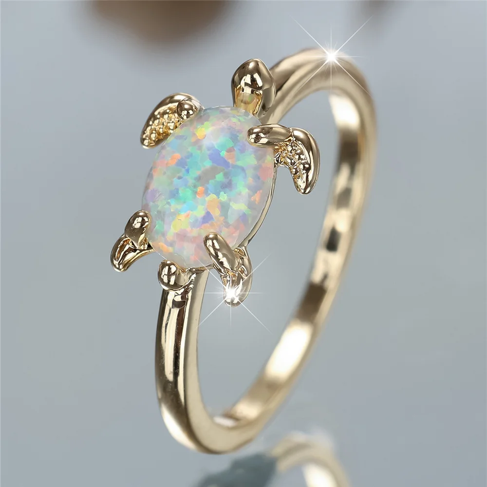 Charm Female White Fire Opal Stone Round Turtle Ring Gold Color Wedding Jewelry For Women