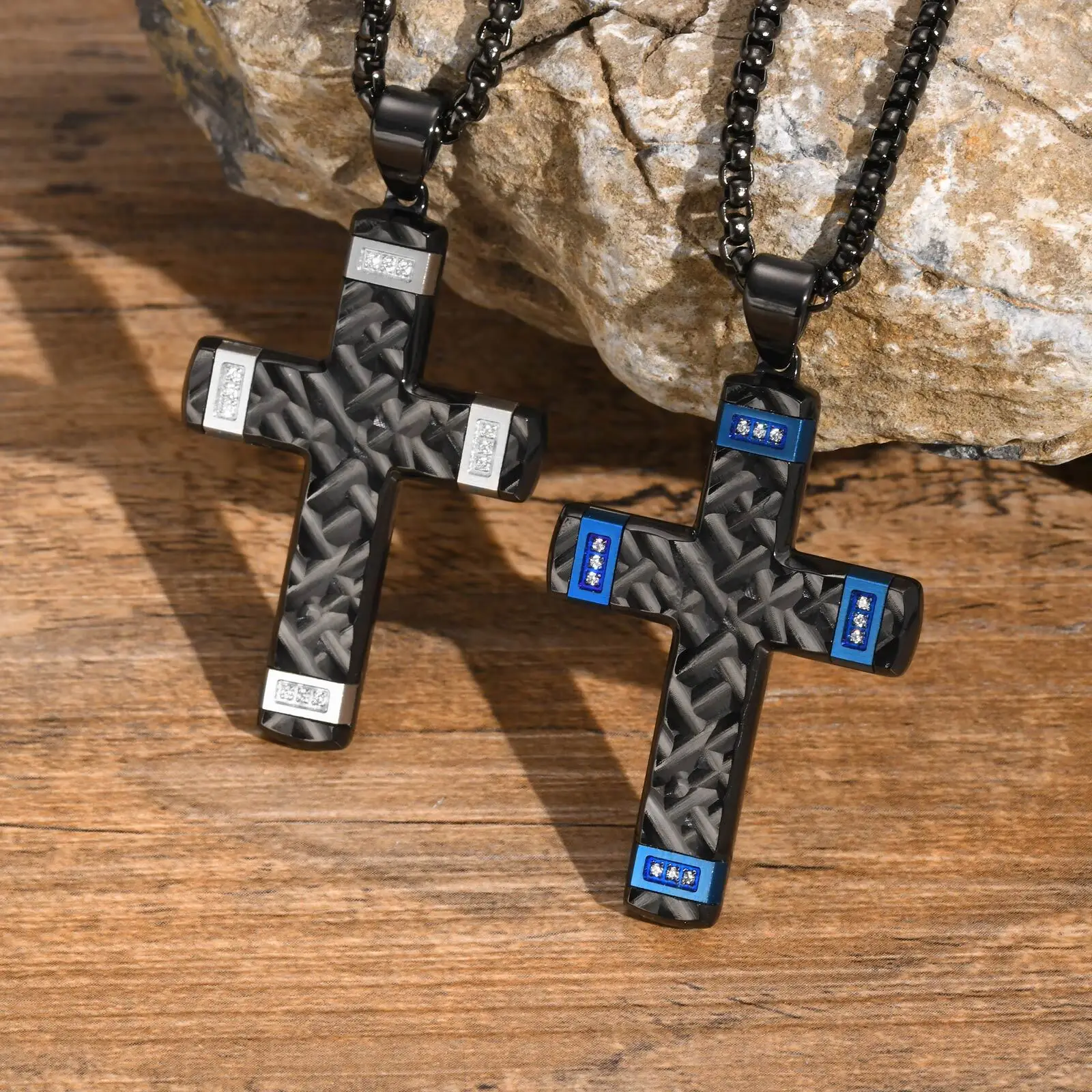 Vnox High End Cross Pendant Necklaces for Men Husband Granpda Gift, Two Tones Black Blue Silver Color Thick Cross Necklace