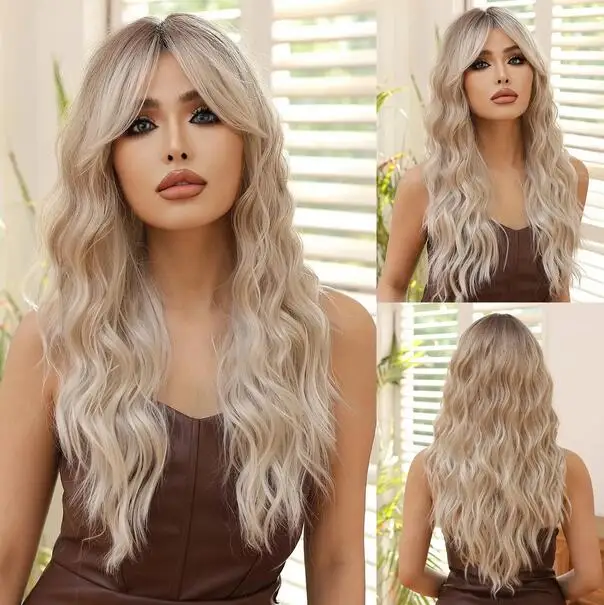 

Blonde long hair wig, curly hair, wavy natural long hair wig