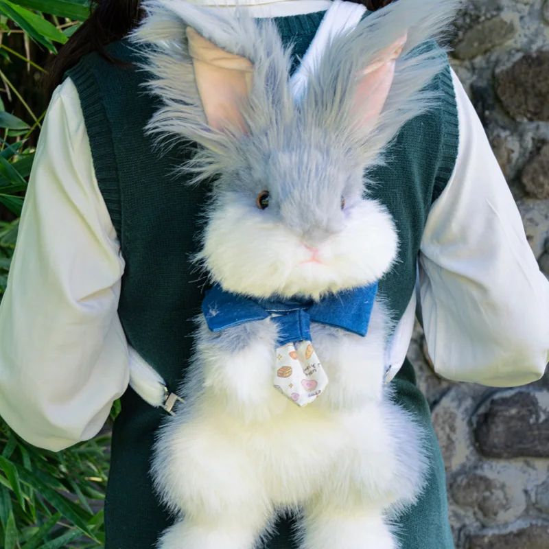 Sac à dos réaliste en peluche de lapin Angora, jouet en peluche Super doux, sac de lapin portable, cadeau d'anniversaire mignon et câlin