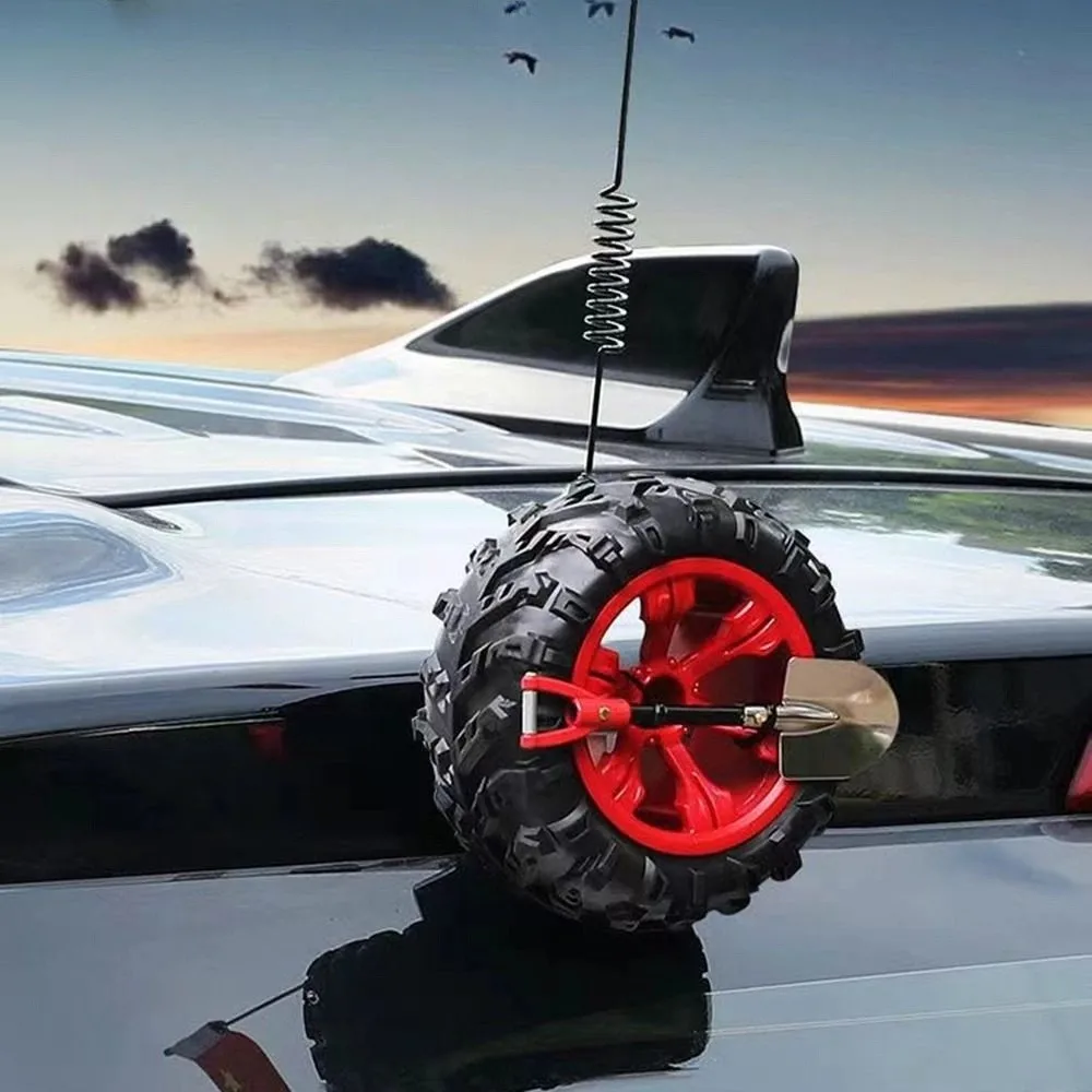 Alloy Spare Tire Model Pendant 4in Tire Modle with Shovel Car Trunk Pendant Off-road Design Simulation Motorcycle Tail Ornaments