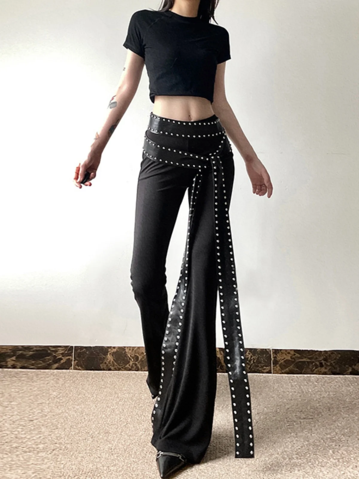 

High Waist Slim Fit Micro Flared Pants Pure Color Women's Casual Trousers Bell Bot High Waist Belted Long Pants