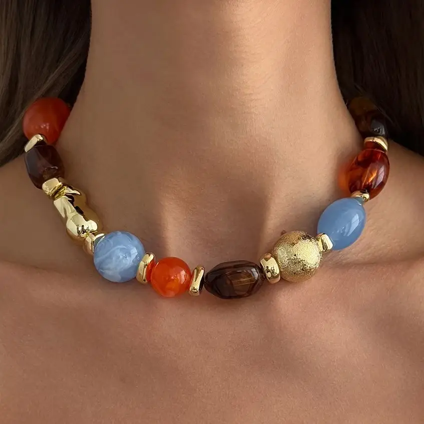 SHIXIN New Bohemian Colored Resin Beaded Chokers Necklaces for Women Vintage Elegant Adjustable Clavicle Chain Y2K Jewelry Gift