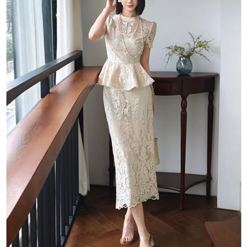 

2 Pieces Set , Spring Summer Women Short Sleeve Office Lady Beige Lace Patchwork Slim Elegant Skirt Sets, Woman Ruffles Skirts