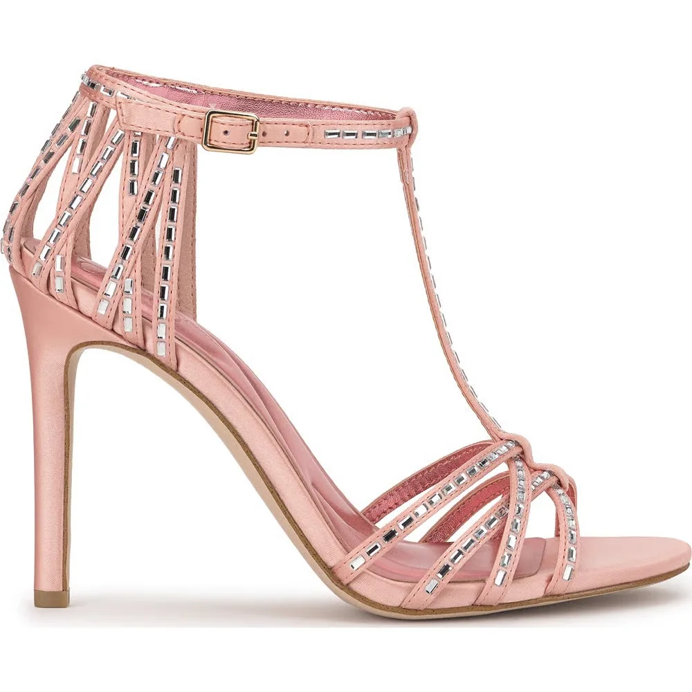 Sandalias de cuero con correa en T y cristales brillantes para mujer, tacones altos de color rosa/dorado/azul, zapatos de fiesta elegantes de verano de diseñador de lujo