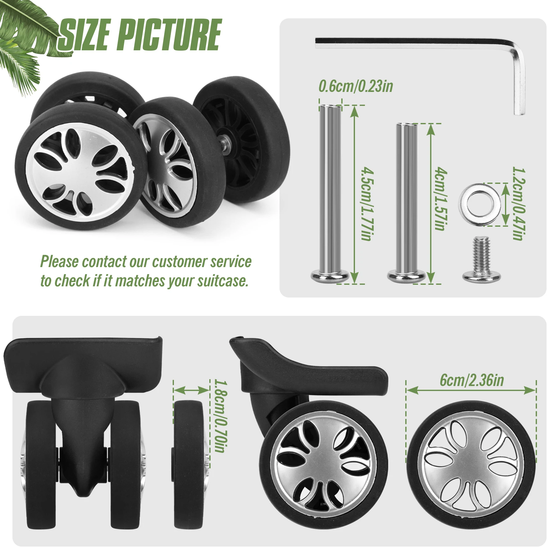 8pcs Sliver Luggage Wheels w/h Screw Suitcase Replacement Wheel 60mm Travel Suitcase Caster Trolly Case Casters Repairing Parts
