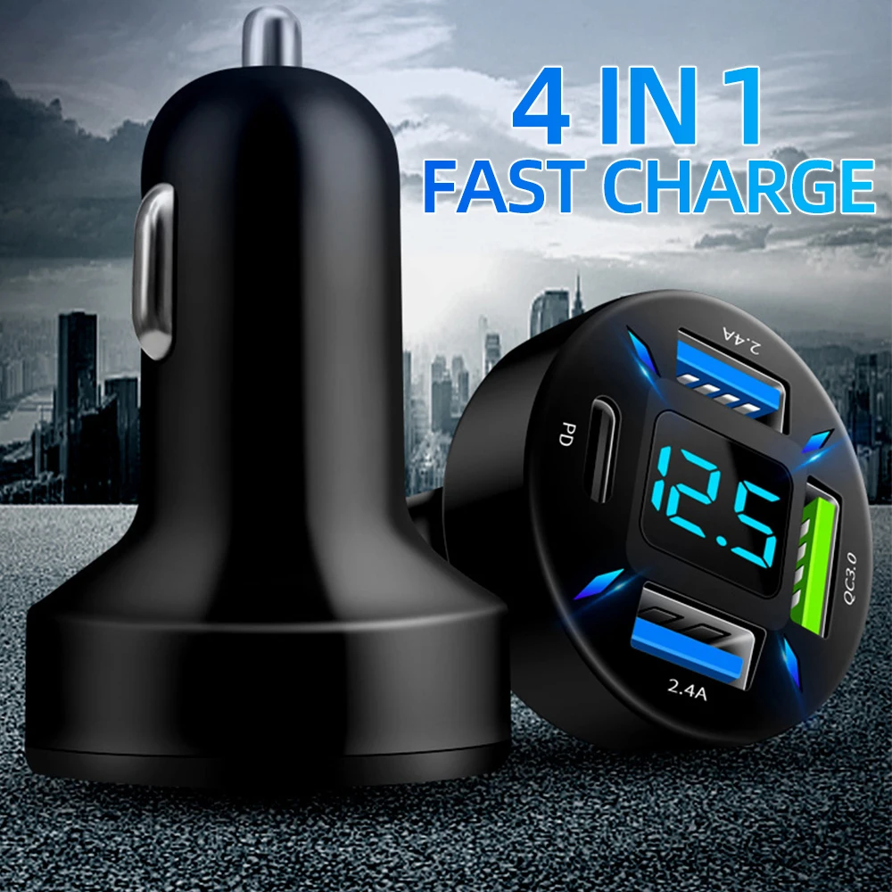 4 in 1 Car Charger Quick Charge PD QC3.0 With Voltmeter Cigarette Lighter Socket Power Adapter For iPhone11 12 Samsung Huawei