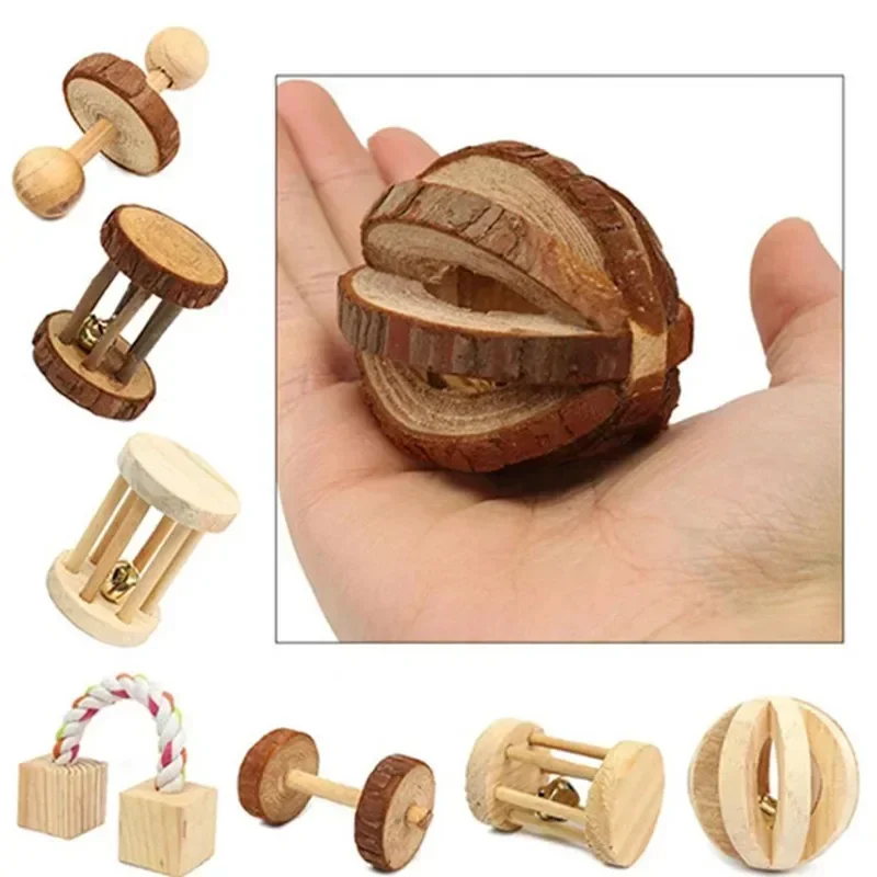 Mini Rabbit Roller Toys Natural Wooden Pine Dumbells Unicycle Bell Chew Toys for Guinea Pigs Rat Small Pets Molars Accessories