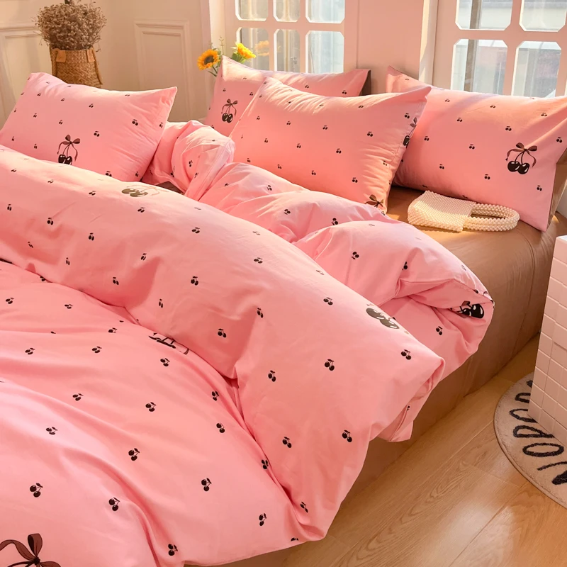 100% Cotton Bedding Set Brushed Dopamine Color Pink Duvet Cover Lovely Dog Sheet Set Red Blue Sheet King Queen for Bedroom Decor