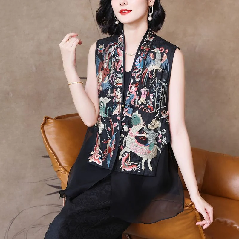 Vintage Chinese Style Vests Jacket Stitched Mesh Embroidered Buckle Tang Costume Coat Summer Unique Sleeveless Women's Vest