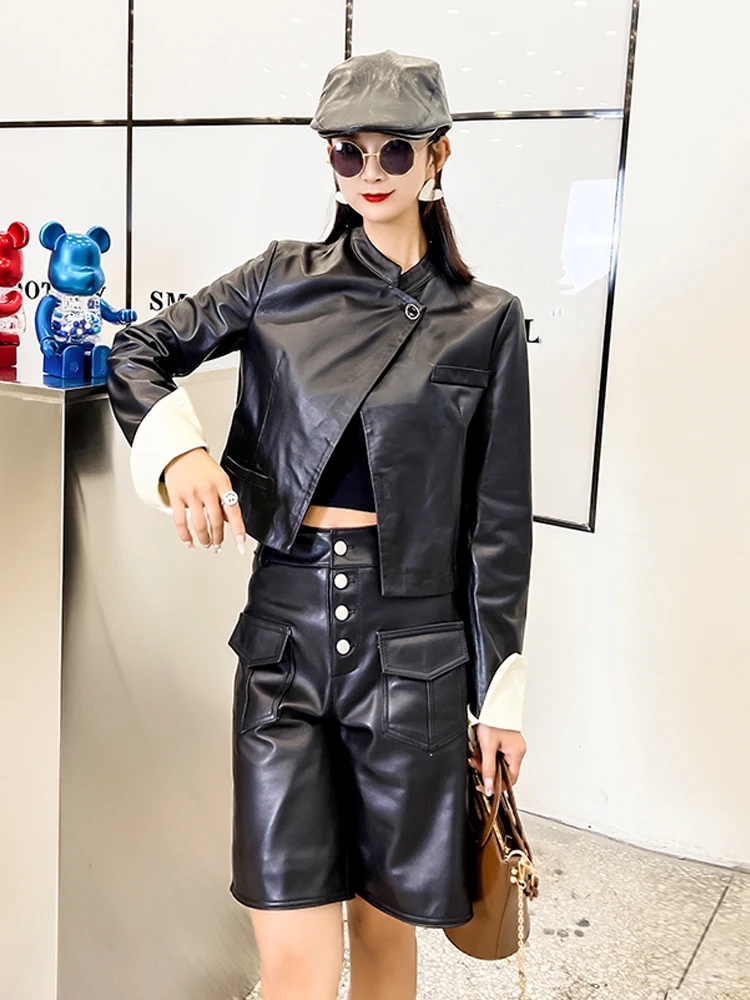 جديد أزياء المرأة الربيع قصيرة الطبيعية 100% معطف جلد الغنم الألوان بألواح كم زر واحد فضفاضة تناسب سترة جلدية حقيقية