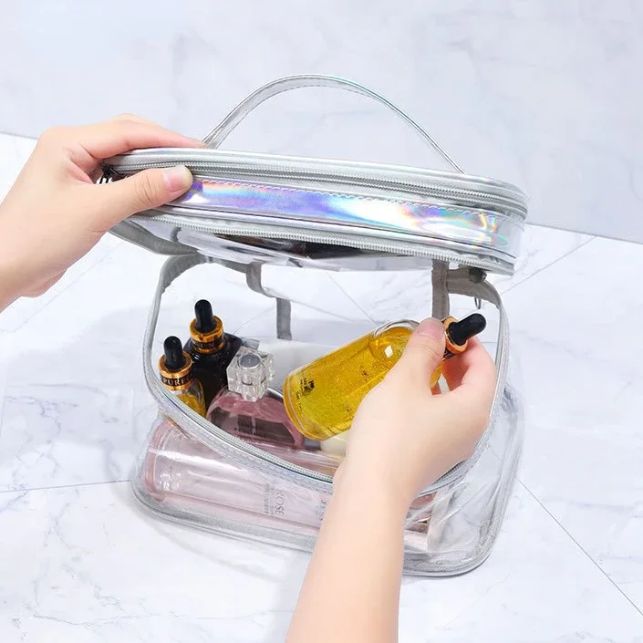 Transparente Kosmetiktasche für Damen, Netzkjolendesign, große Kapazität, Reise-Waschtasche für Mädchen, tragbar, wasserdicht, Aufbewahrungstasche – Detail 12