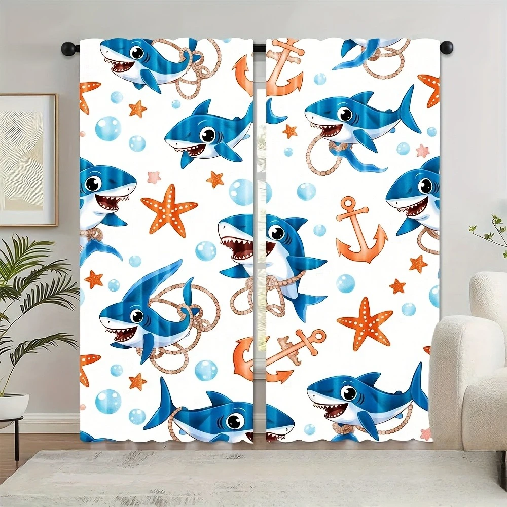 2pc Adorable shark anchor starfish bubble pattern curtains, suitable for bedroom, office, living room décor Machine washable