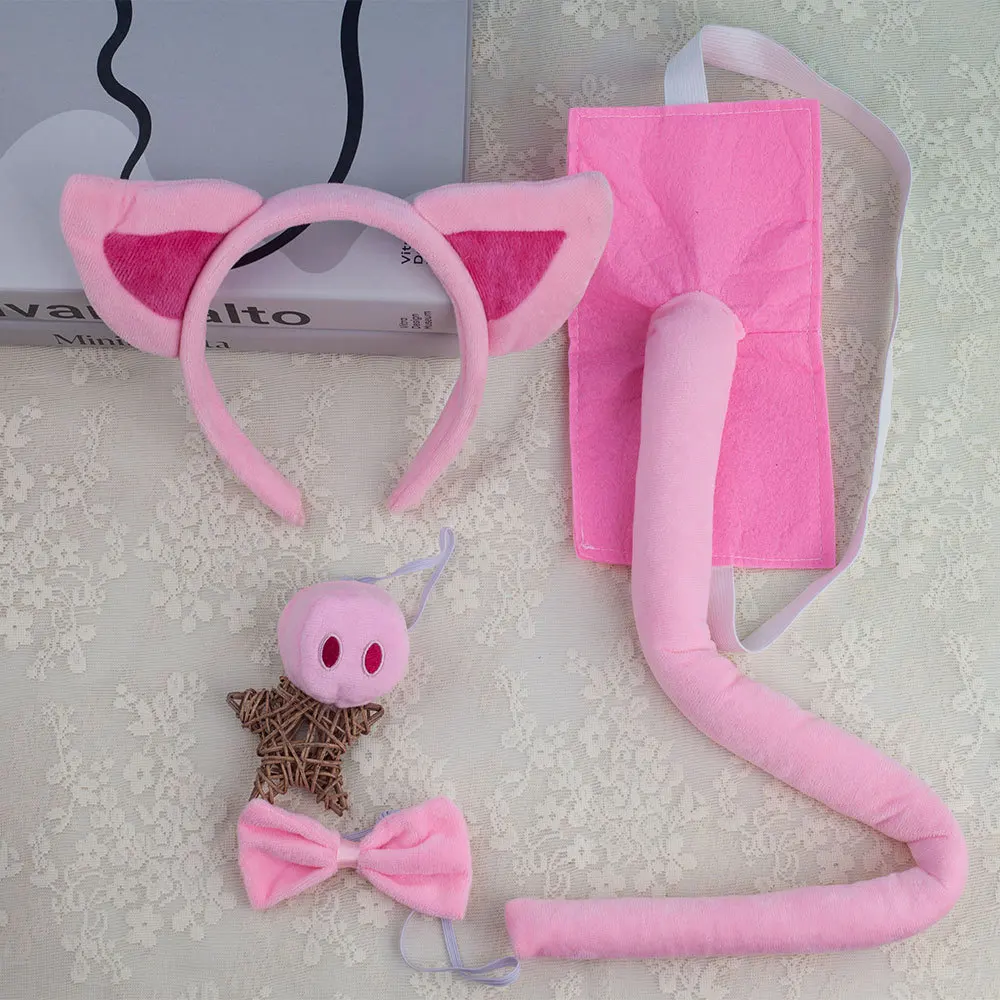 Kids Pig Headband Kawaii Gray Mouse Ears Headpiece Halloween Party Pink Tie Tail Bow Neck Tie 3D Cartoon Animal Short Plush Set