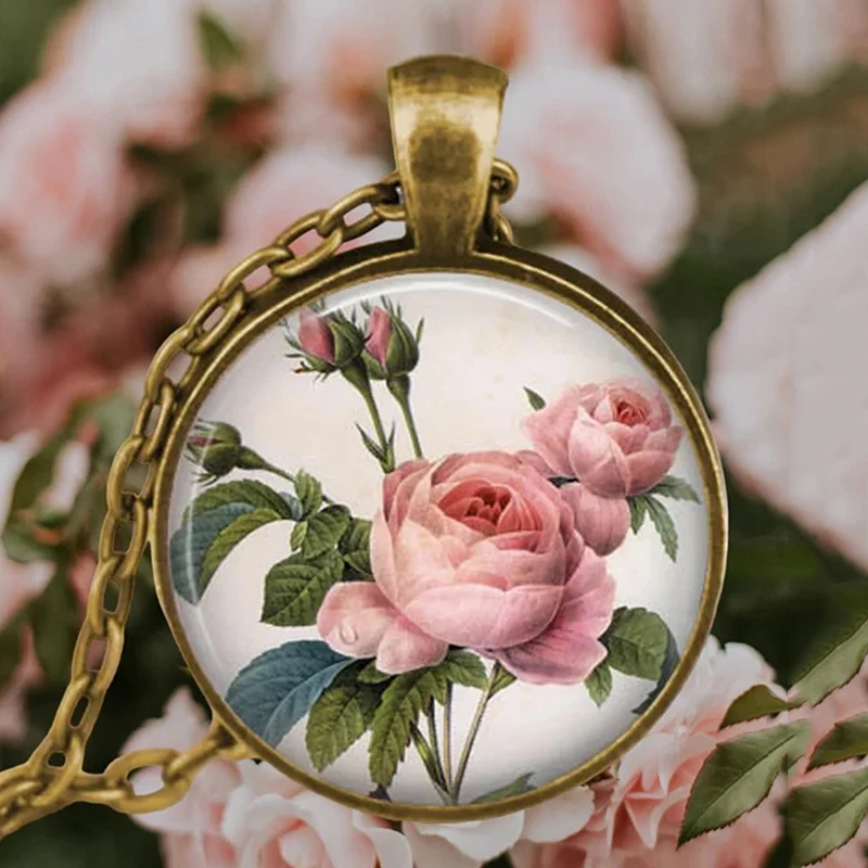 Vintage Antik vergoldete bunte süße Erbsenblume Glas Anhänger Halskette für Frauen Schmuck – Detail 5