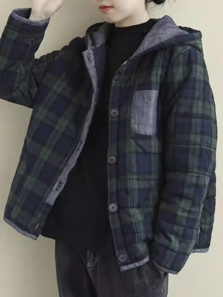 

Retro Plaid Hooded Cotton Jaet Women's Winter New Loose Slimming Thiened Warm Cotton Outerwear Faionable Simple