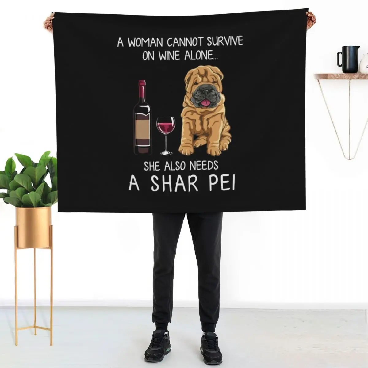 

Shar Pei and wine Funny dog Throw Blanket Warm Cozy Throw Blanket for Living Room Couch