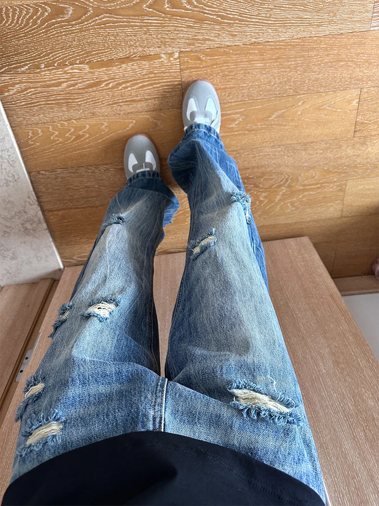 

Blue Lightning Pattern Men's Wide Leg Jeans High Waist Torn American Retro Sle Straight Cut Casual Breathable Denim Pants