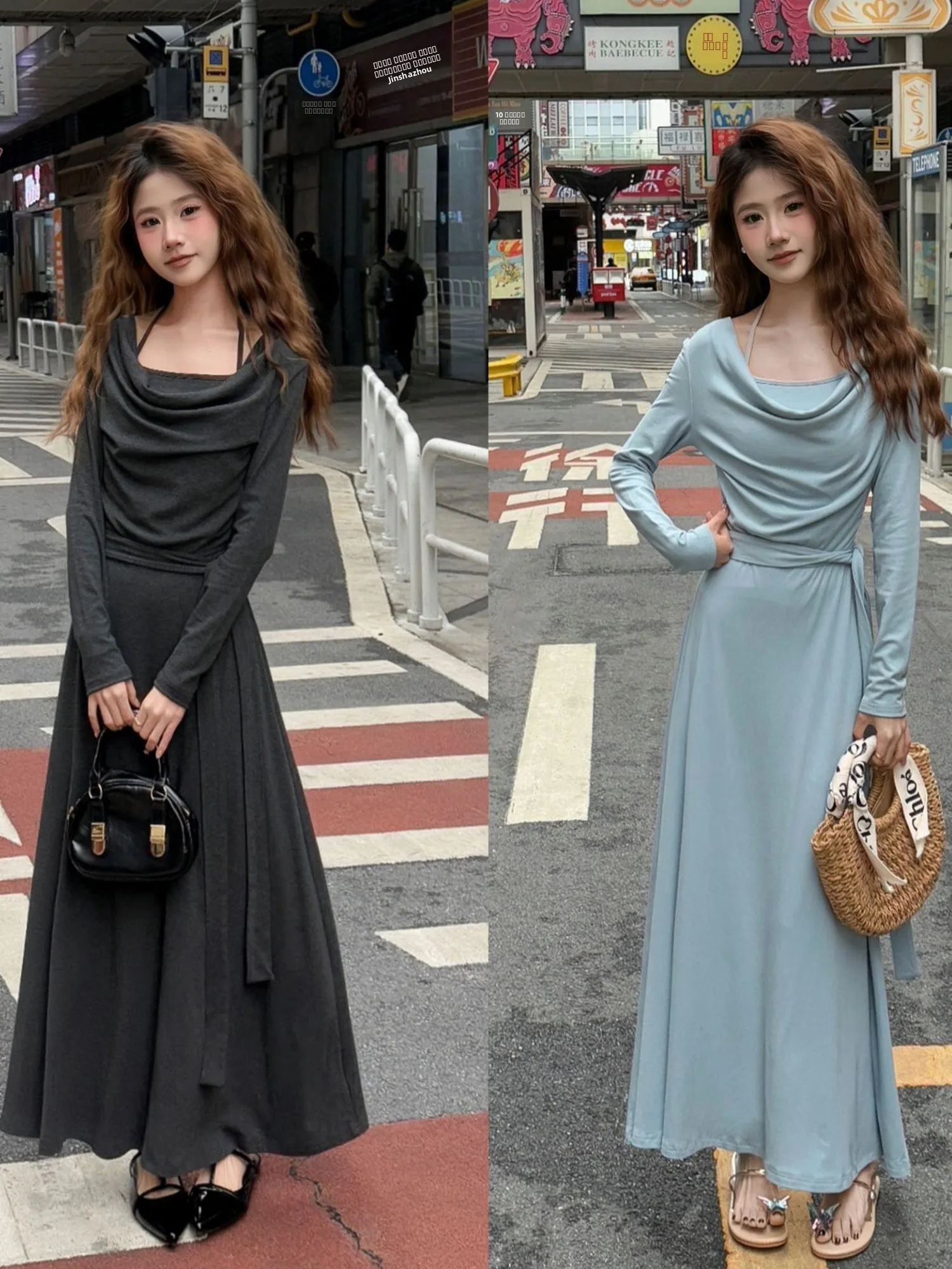 

Casual Chic Small Size Swing Ne Strap Dr Belted Slimming Long Dr Knitted Cotton Blend High Waist Spring A-Line Skirt