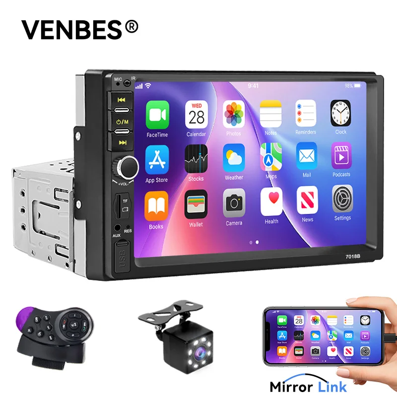 VENBES Autoradio da 7 pollici Mirrorlink universale Bluetooth FM Telecamera di retromarcia 1 DIN Auto Audio