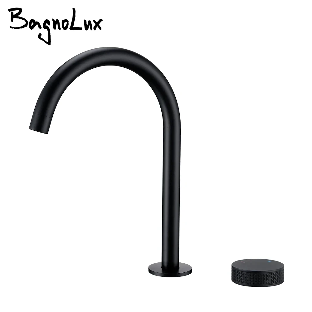 Matte Black Basin faucet  Single Knurled Knob Deck Mounted Widerspread Mixer Hot And Cold Sink Tap 2 Set Brass Restroom Mixer