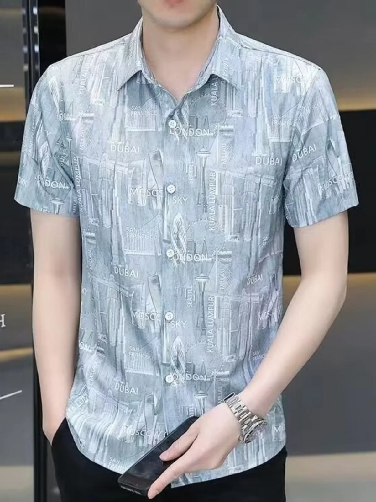 قميص رجالي بأكمام قصيرة صيف 2024، خفيف من الحرير الصناعي، تصميم عصري ضيق، مناسب للأعمال، نصف كم من القطن الخالص، أنيق للتنقل ...