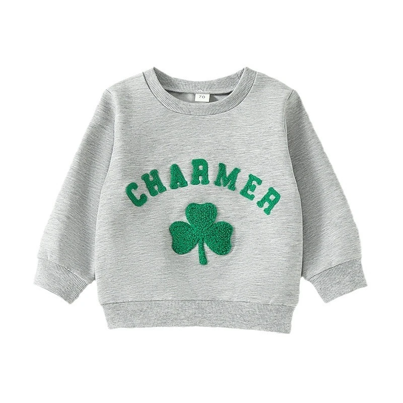 Infant Crew Neck Long-Sleeve Sweatshirt for Spring & Autumn Cute Clover Printed Pullover Cozy Outdoor Clothes for Boys & Girls