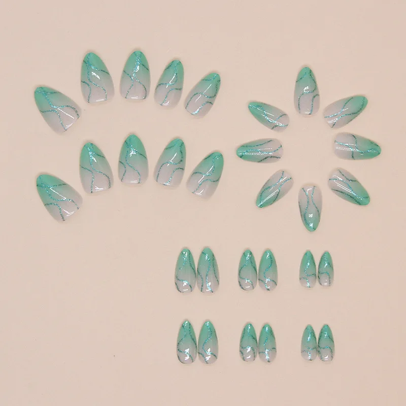

30Pcs Short Almond Press-on Nails: Green Wavy Line Ombre Minimalist Design False Nails Detachable Finished Nail Tips