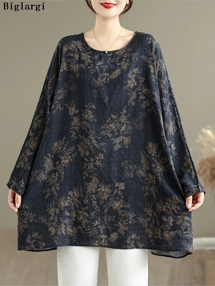 

Осенние топы большого размера, женские модные хлопковые льняные блузки с цветочным принтом, повседневные свободные женские топы с длинными рукавами