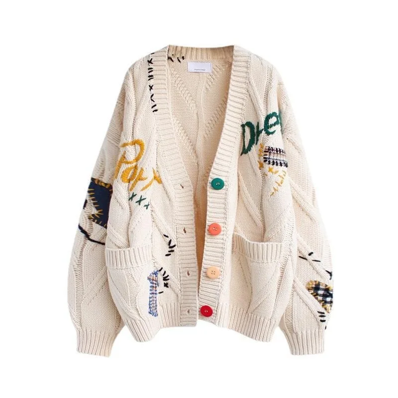 

2025 New Spring Autumn Female Korean Version Lazy Style Cardigan Sweater Coat Women's Loose Short Knit Screw Thread Splicing Top